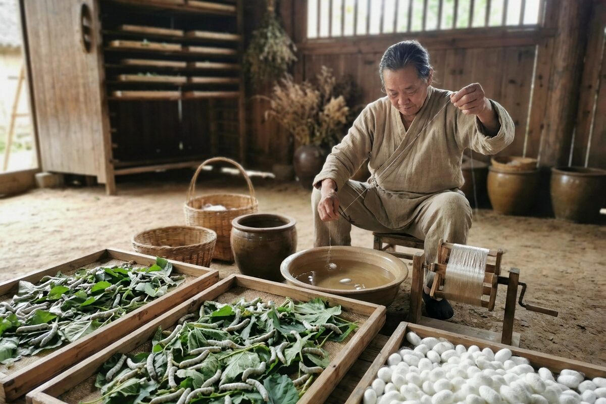 AI-generated image of a Chinese man gathering the thread that unspools from a silkworm cocoon.