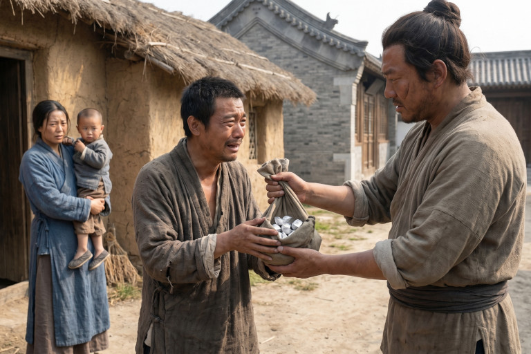 AI-generated image of a man giving silver to a poor villager while his wife and small child stand in the background of a Qing Dynasty village.