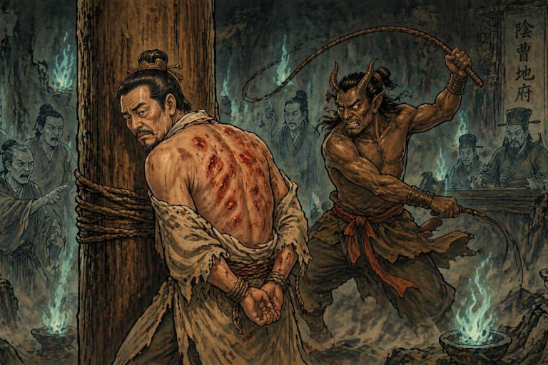 AI-generated image of the governor bound to a wooden pillar in the underworld as a demon-like jailer raises a whip, surrounded by ghostly figures and blue-green flames.