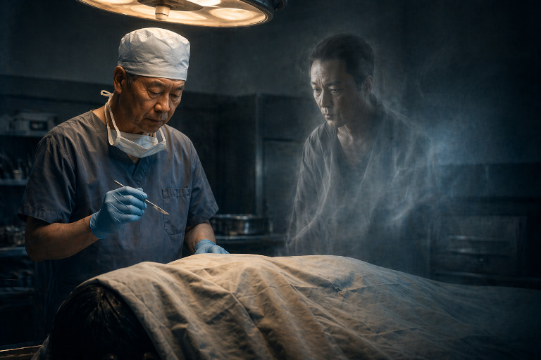 Forensic doctor holding a scalpel, prepared to perform an autopsy, while a ghostly apparition watches.