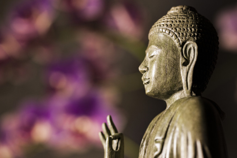A Buddha statue in side profile raises one hand against a softly blurred purple floral background.