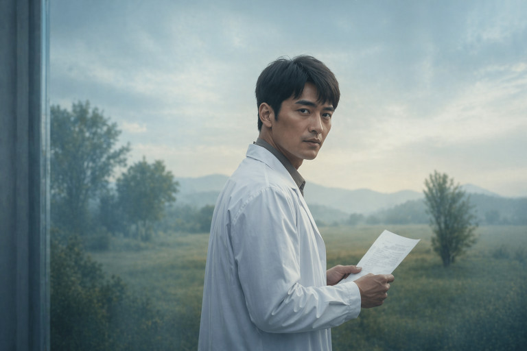 Image of a young Asian man in a misty meadow, as though looking back from beyond the grave.