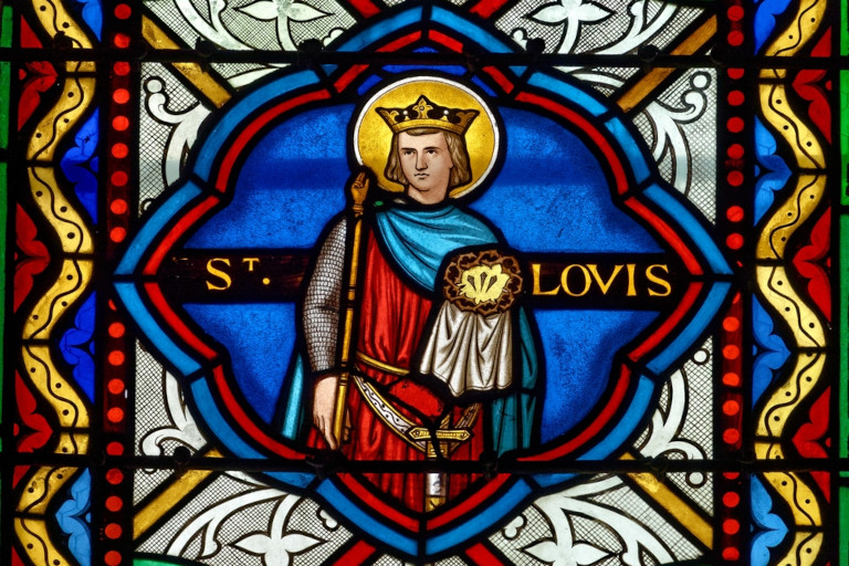 Stained glass window portraying St. Louis of the Roman Catholic Church.