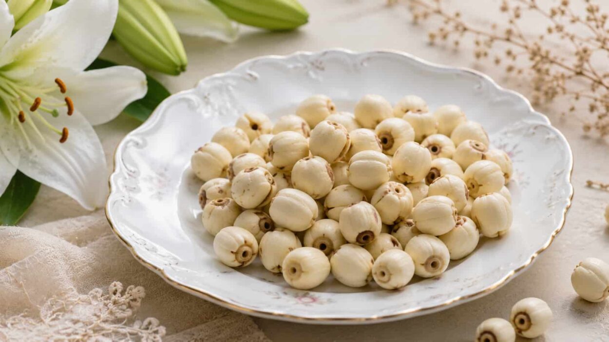 Traditionally, lotus seeds are used to strengthen the spleen and stomach — the TCM shorthand for shoring up weak digestion.