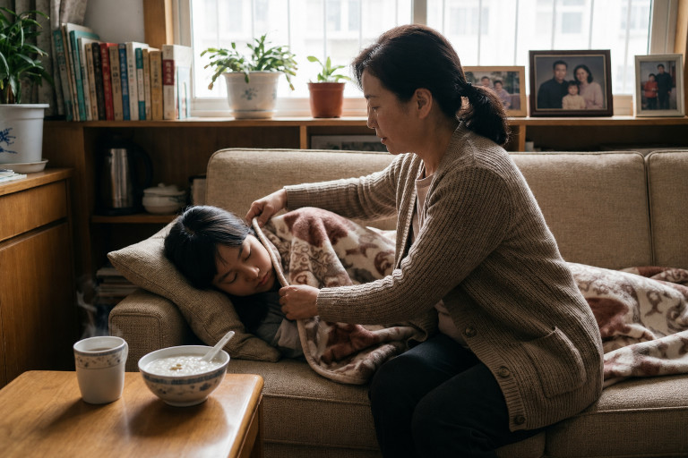 A mother quietly cares for a resting family member at home, offering warmth, food, and gentle attention in a calm setting that reflects everyday family-based wellness care.