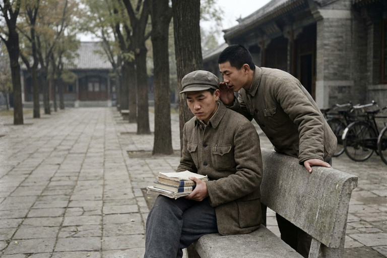 Two Chinese students speak discreetly on a tree-lined Yenching University campus walkway in late-1940s Beijing.