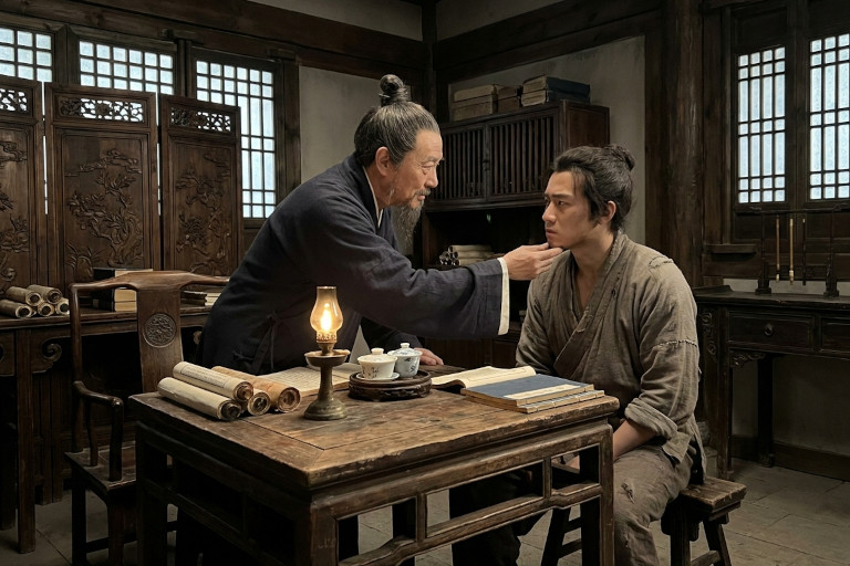 AI-generated image of a man practicing face reading as he carefully observes a seated visitor in a traditional Chinese setting.