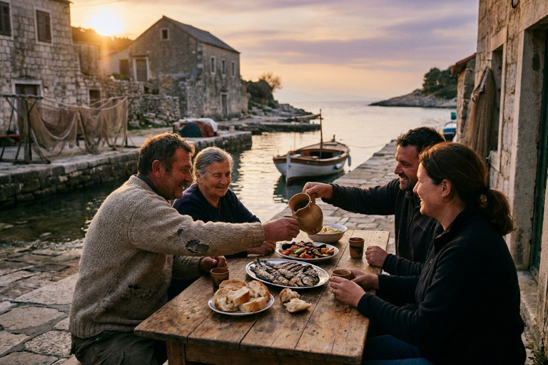 AI-generated image of a fisherman sharing a simple evening meal with family or friends beside the water.