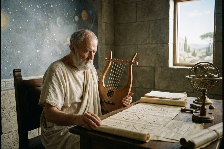 Greek scholar holding a lyre and examining mathematical formulae.