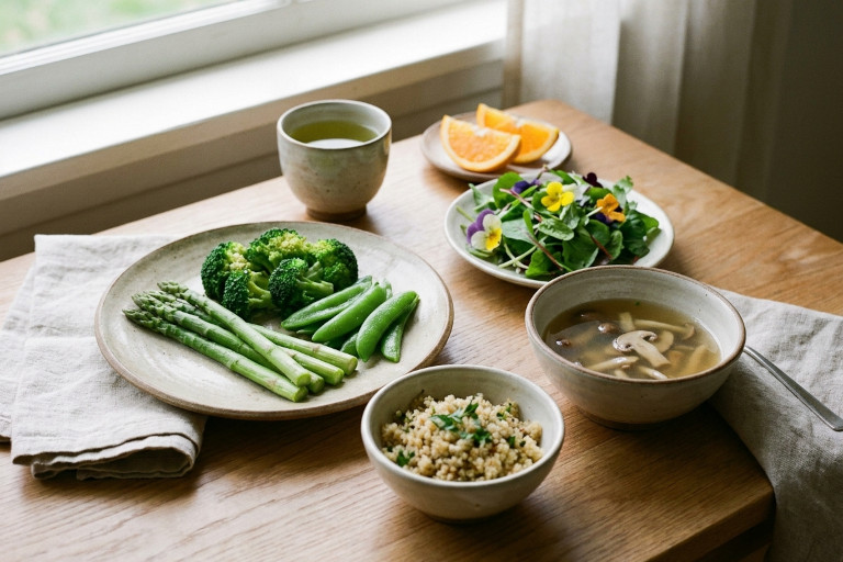 Steamed vegetables, rice, soup, salad, and tea sitting on a wooden table by a window.