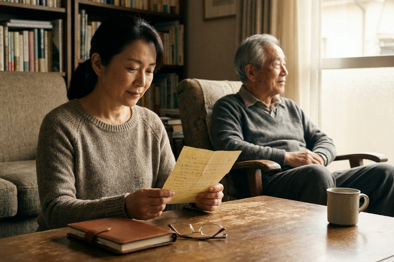 AI-generated image of an adult child reading an old handwritten letter in a quiet room.