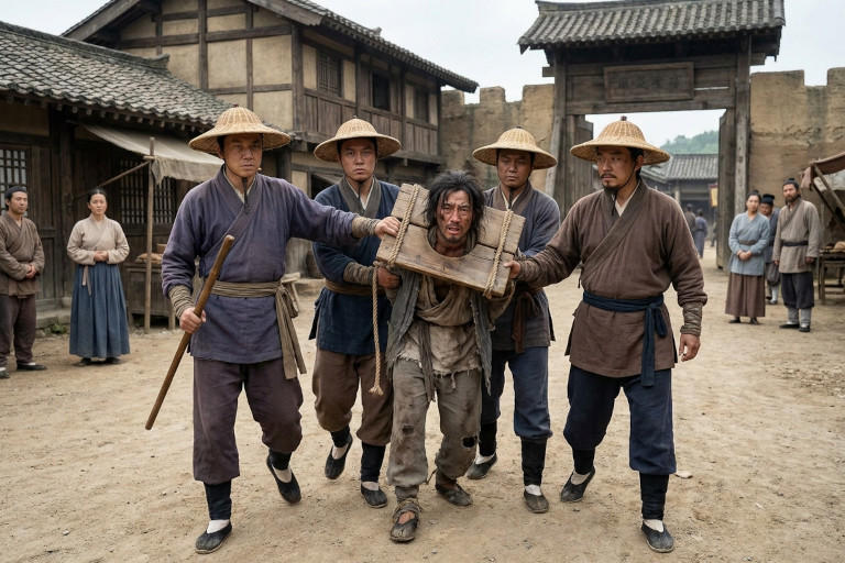 AI-generated image of Ming Dynasty constables recapturing an escaped prisoner near a roadside town.