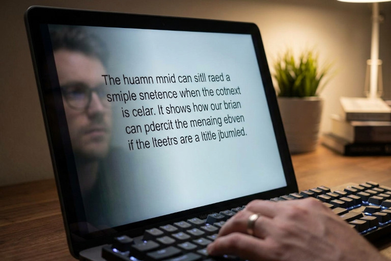 Man reviewing a passage of scrambled text on a laptop screen.