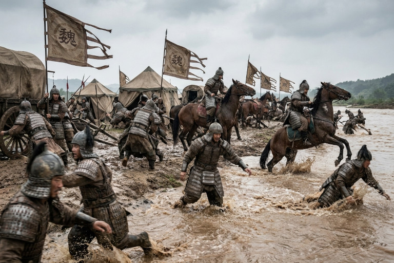 Chinese soldiers along with their horses are thrown into confusion as river water suddenly rises across the battlefield, disrupting the army’s advance.
