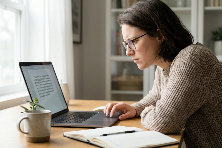Woman reviewing text on a laptop while a notebook and pen sit beside her on the desk.