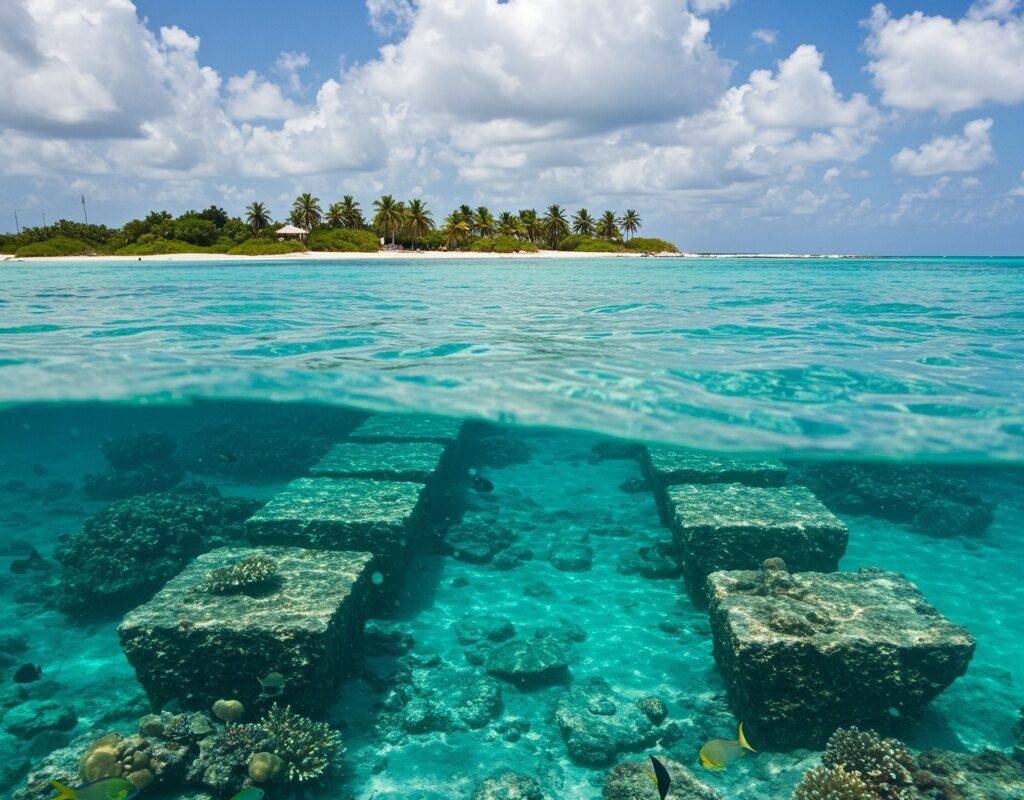 Since 1968, underwater discoveries in the vicinity of the Bimini Islands have revealed extensive linear stone arrangements, including formations described as streets, dock-like structures, collapsed wall systems, and gateway-like shapes.