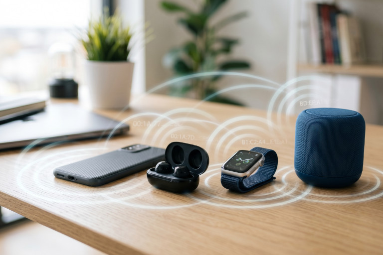 Bluetooth devices sit on a table 