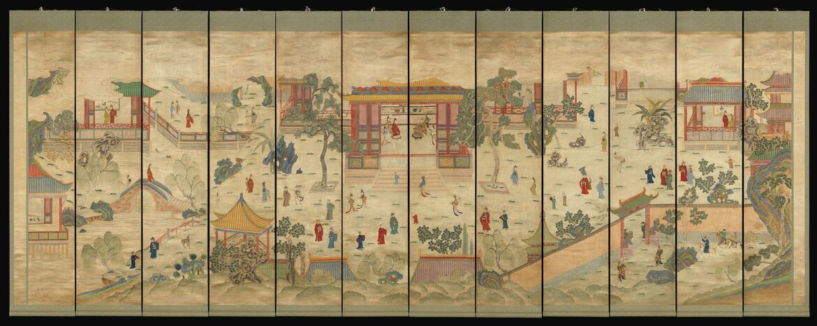 A set of 12 hanging silk scroll paintings depicting Guo Ziyi during the Qing Dynasty.