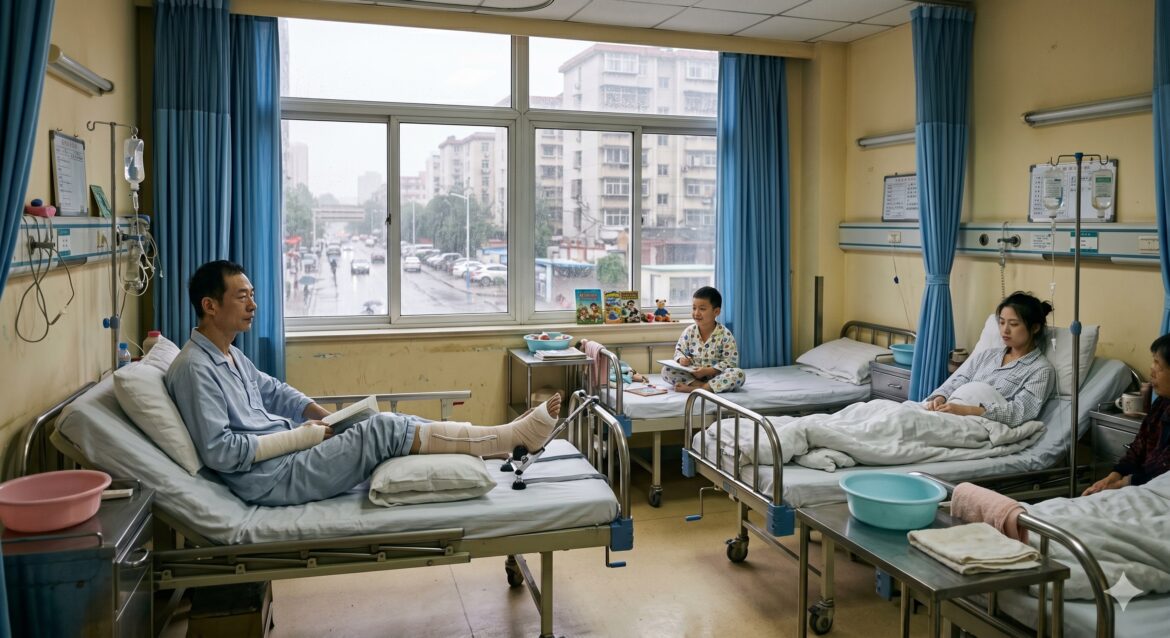 Three people in hospital beds.