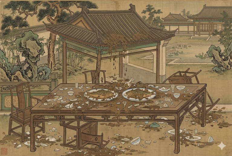 Mud from the pavilion fell on the banquet table, ruining the food.