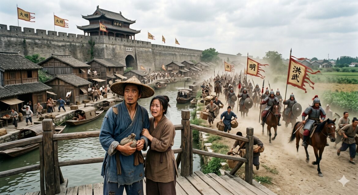 A frightened couple during war.
