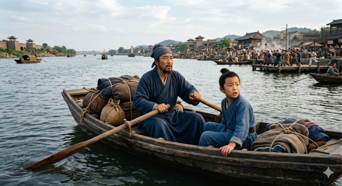 Father and son in a boat.