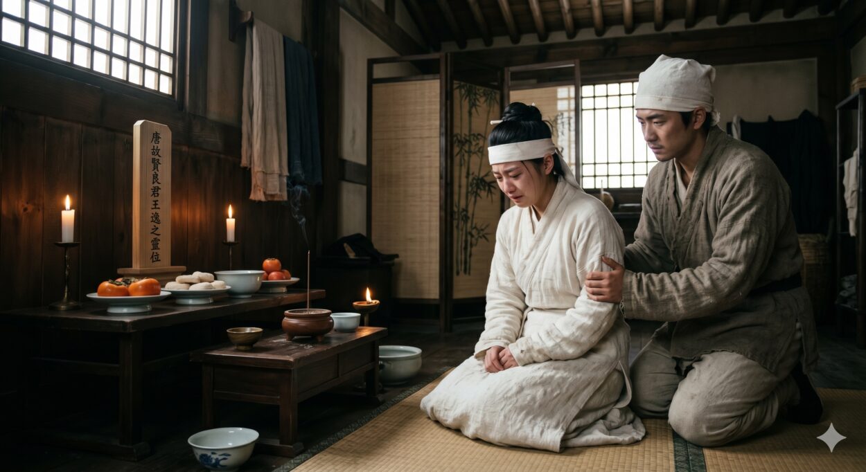 Meanwhile, at home, Lady Wang had reluctantly accepted the news of her husband’s death, persuaded by Lü Bao. She put on mourning clothes and set up a memorial tablet. But Lü Bao harbored evil intentions.