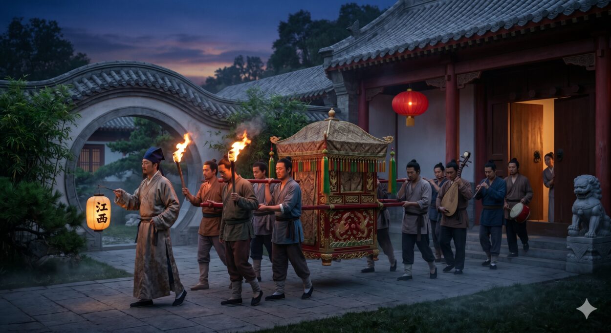 As dusk fell, the Jiangxi merchant and his men arrived with lanterns and torches, carrying a brightly decorated sedan chair. Though a band of musicians accompanied them, none dared play. They hurried straight to Lü Yu's household.