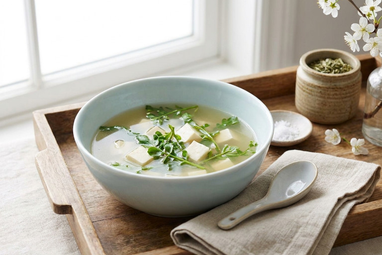 A bowl of shepherd's purse tofu soup on a wooden serving tray.