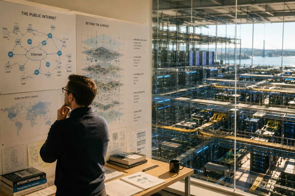 A researcher studies a visible map of the public Internet while increasingly complex layers of networking infrastructure extend behind a glass wall into the distance.
