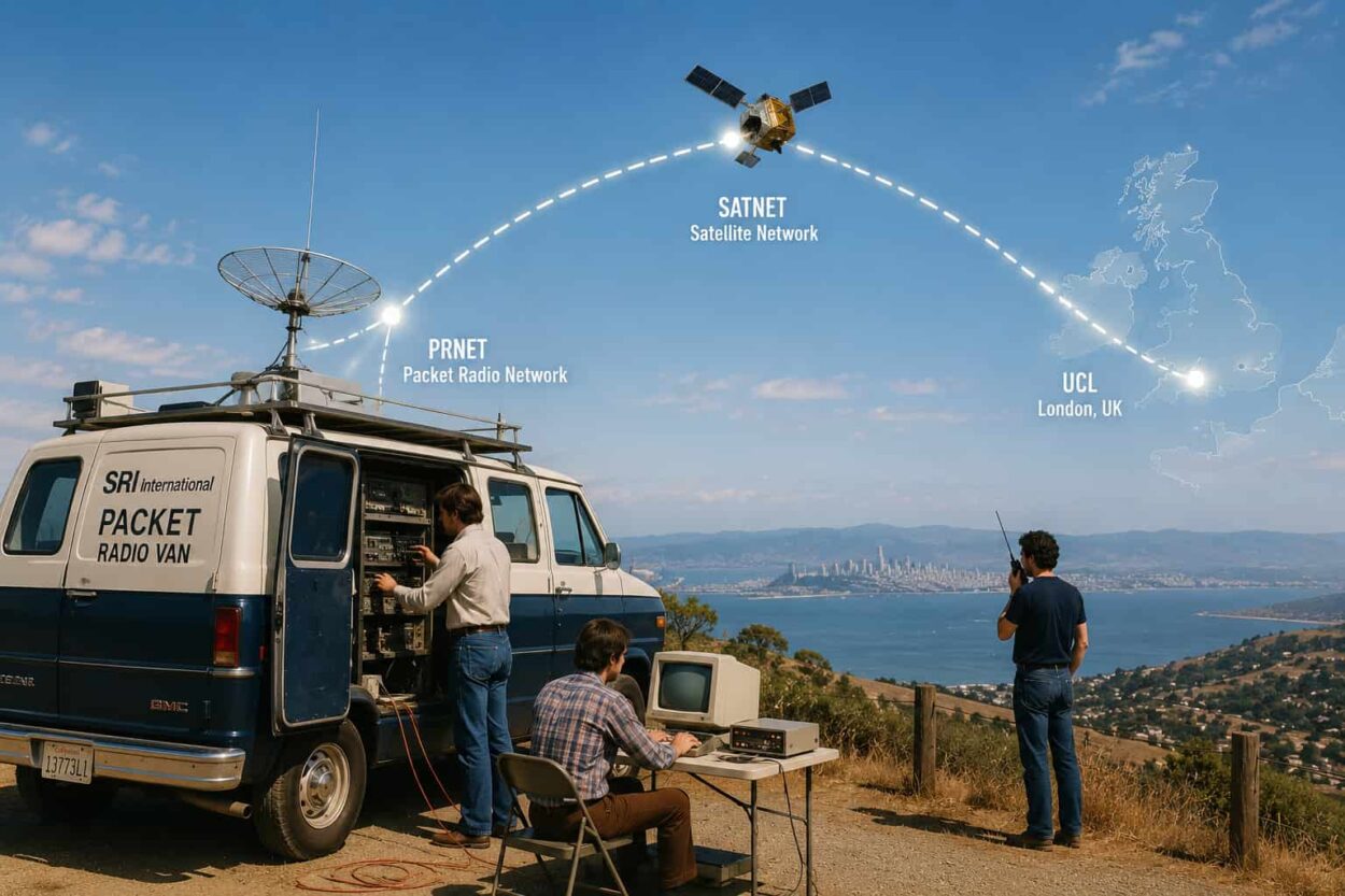 ARPA-7 illustrated by engineers work from a packet radio van during a historic networking demonstration, connecting multiple communication systems into a single network.