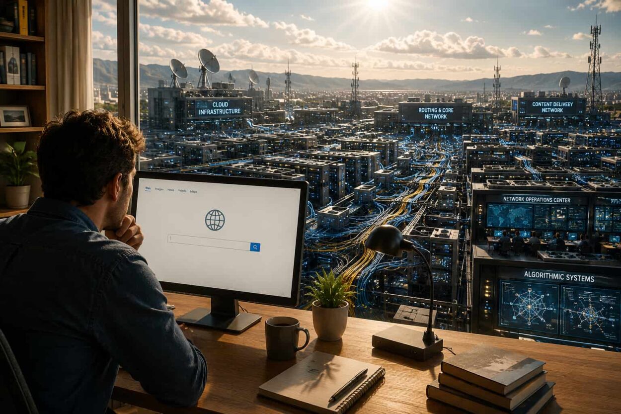 A person looks at a simple internet search page while vast layers of networking infrastructure, data centers, and information systems extend beyond the visible interface.