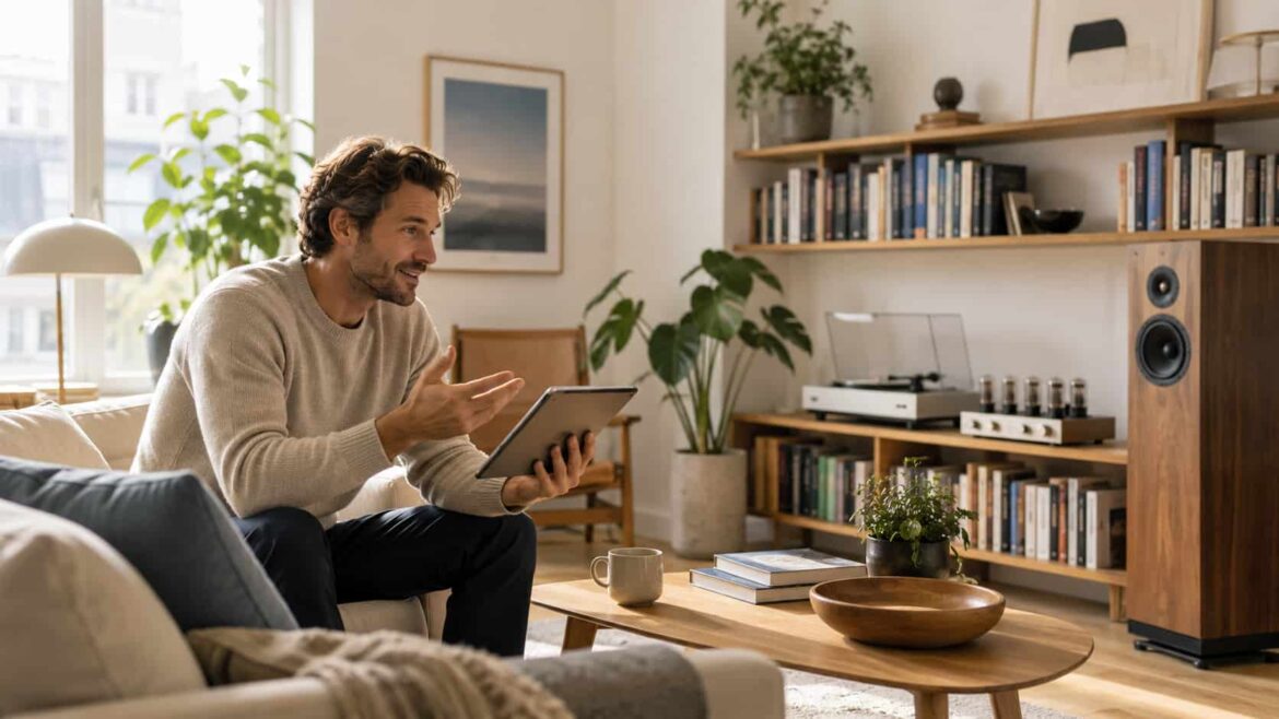 A man sits in a bright Scandinavian living room speaking to a tablet while surrounded by carefully chosen books, plants, and audio equipment that reflect personal taste and AI-assisted product discovery.