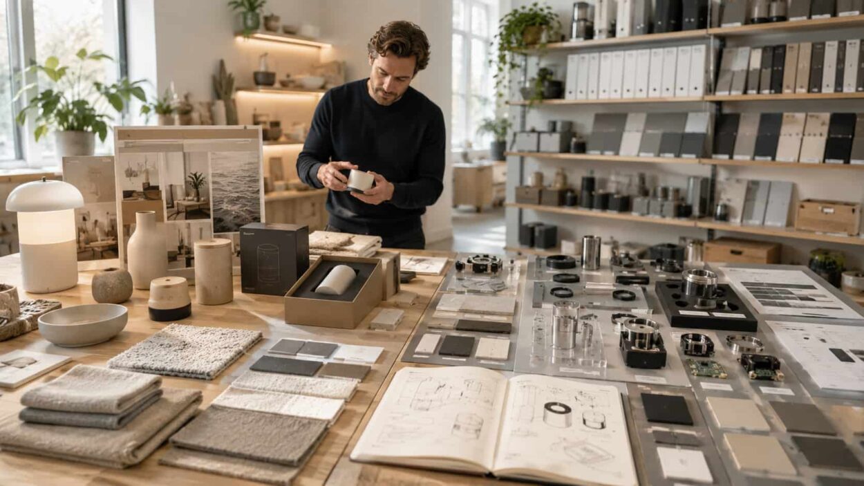 The interpretation economy is illustrated by a designer stands in a Scandinavian studio surrounded by both emotionally designed products and meticulously organized technical specifications, representing the dual human and machine-readable surfaces of modern products.