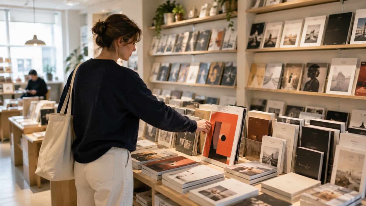 A shopper in a bright bookstore reaches instinctively for one distinctive publication among hundreds of similar alternatives.