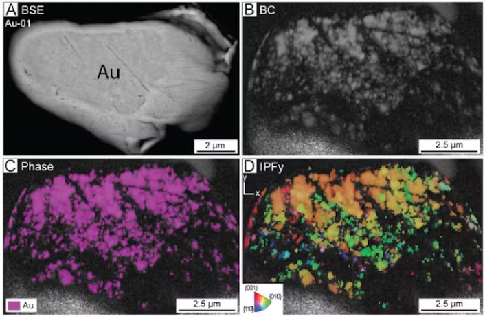 A gold nugget found in the Ora Banda impact breccia; different imaging methods reveal it has a granular texture.