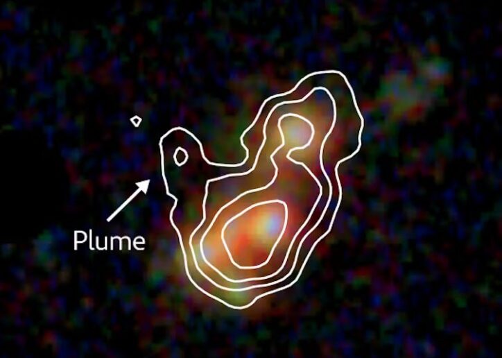The cold gas plume (white contours) extends away from CRISTAL-02, revealing a galaxy wind.