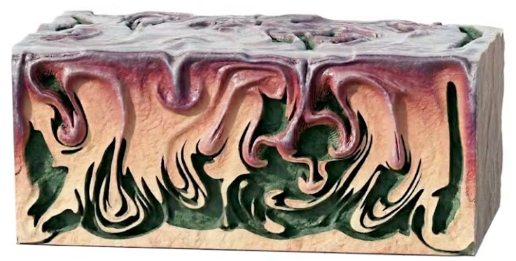 An illustration of Earth's vigorously convecting mantle after a large impact. The thin grey surface layer is the protocrust. The box shown is 1,200 km wide by 600 km deep.