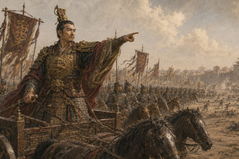 AI-generated image of a general standing in a war chariot and directing ancient Chinese armies toward the battlefield.