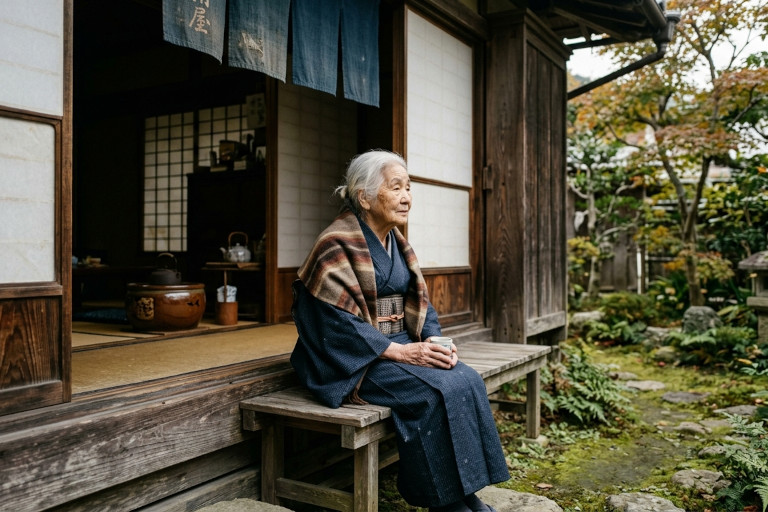 AI-generated image of an elderly Japanese woman sitting outside a traditional home and looking thoughtfully into the distance.