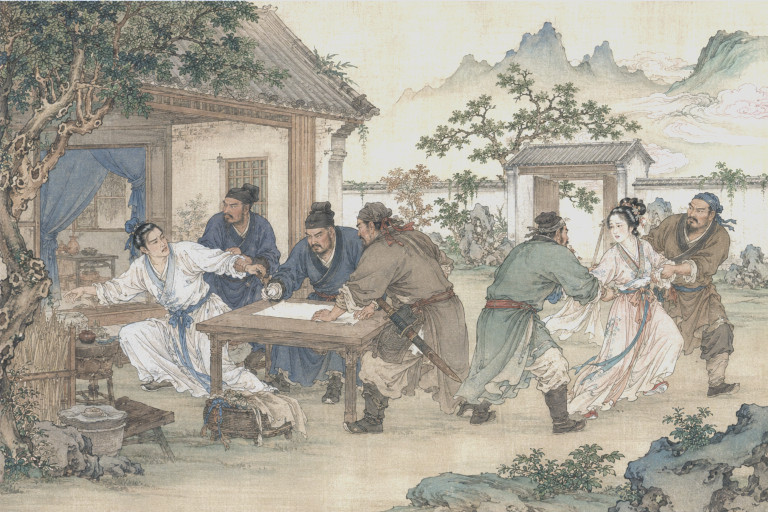 AI-generated image of strong men abducting a young Chinese woman and forcing her husband to sign his name on divorce papers.