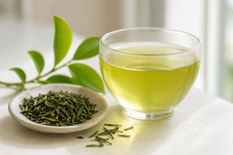AI-generated image of loose green tea leaves beside a freshly brewed cup of green tea in soft natural light.