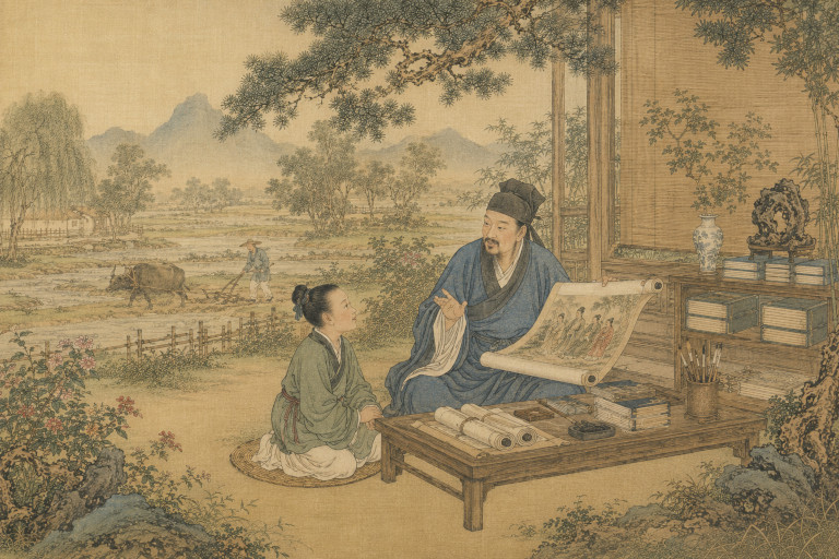 AI-generated image of a young Chinese boy listening as his father teaches from a scroll in a rural courtyard study area.
