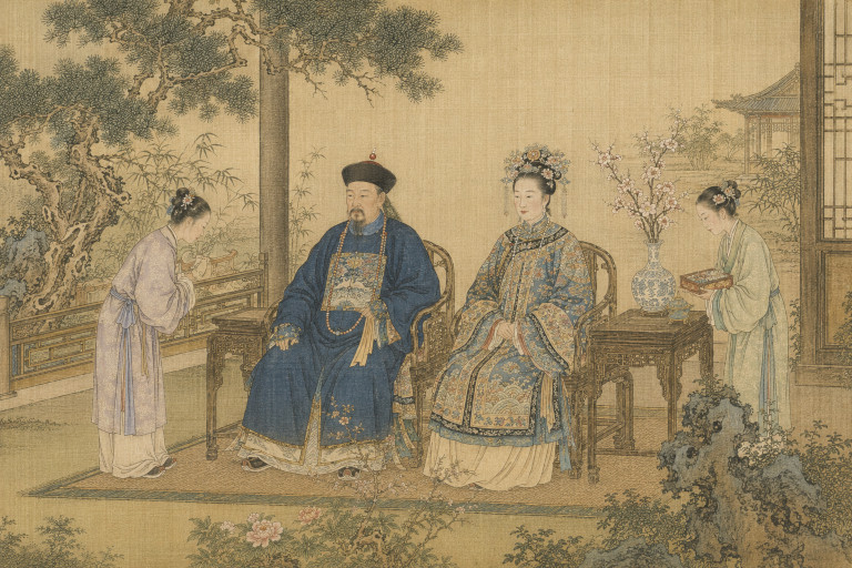 AI-generated image of a Qing Dynasty official seated beside his honored wife, with attendants in a formal courtyard setting.