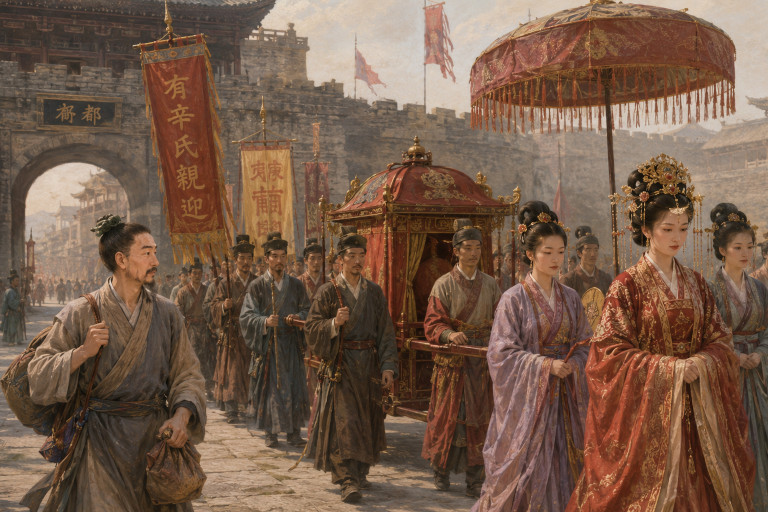 AI-generated image of young Yi Yin joining an ancient Chinese bridal procession as attendants escort a noble bride through a city gate.