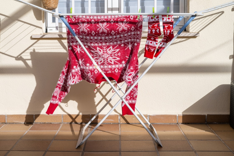 Merino wool clothes being aired on a drying rack outside.