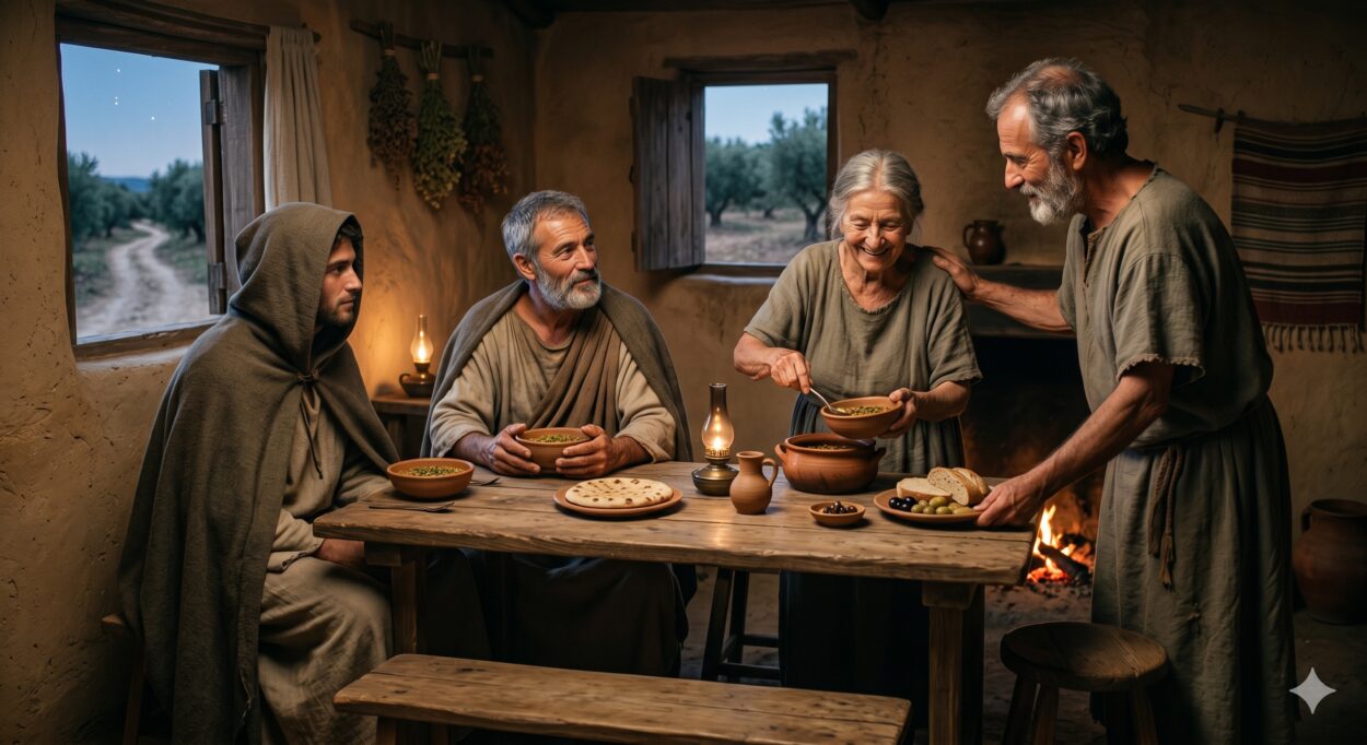 When the two gods arrived, the elderly couple welcomed them with genuine joy and immediately set about preparing a warm meal.