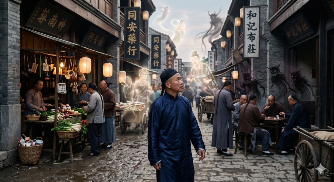 A person walking through a marketplace.