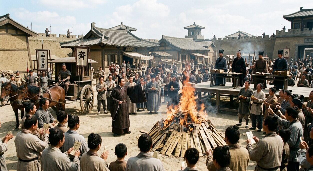 Feng Xuan declared — falsely claiming to act under Lord Mengchang’s authority — that the debts were to be forgiven. He returned the borrowed funds to the people and publicly burned all the loan contracts.