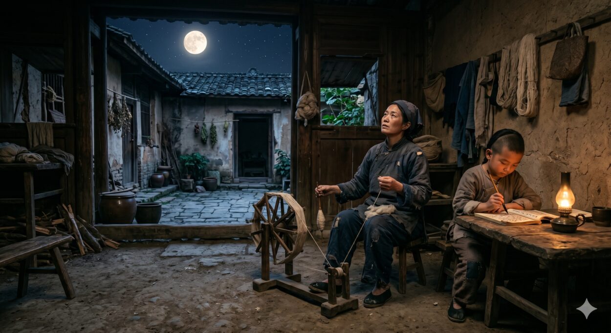 One night, the mother was spinning yarn while the son was studying. It was close to midnight, and the moonlight shone brightly in the courtyard. Mrs. Xie sighed as she looked at the moon.